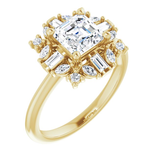 VIOLA Halo Asscher Engagement Ring with Baguette, Round & Marquise Diamonds - 18K Yellow Gold - View 1