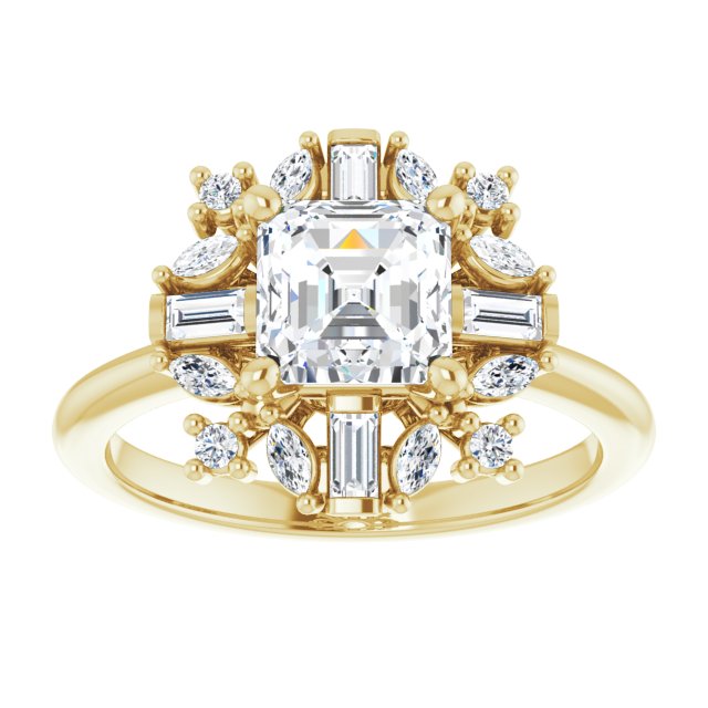 VIOLA Halo Asscher Engagement Ring with Baguette, Round & Marquise Diamonds - 18K Yellow Gold - View 3