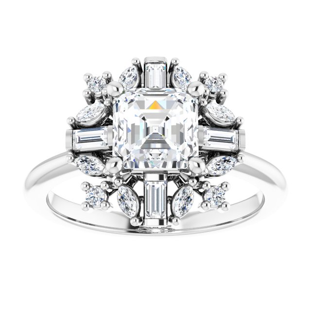 VIOLA Halo Asscher Engagement Ring with Baguette, Round & Marquise Diamonds - Platinum - View 3