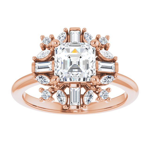 VIOLA Halo Asscher Engagement Ring with Baguette, Round & Marquise Diamonds - 18K Rose Gold - View 3