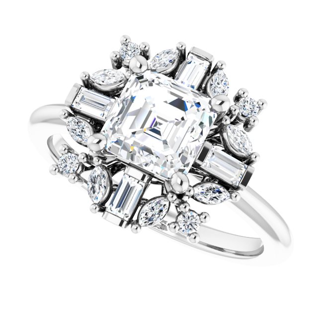 VIOLA Halo Asscher Engagement Ring with Baguette, Round & Marquise Diamonds - Platinum - View 5
