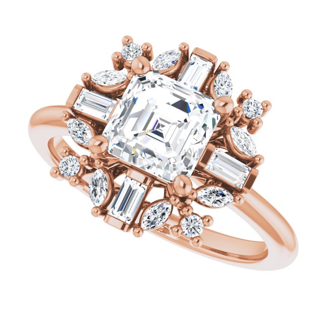 VIOLA Halo Asscher Engagement Ring with Baguette, Round & Marquise Diamonds - 18K Rose Gold - View 5
