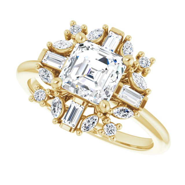 VIOLA Halo Asscher Engagement Ring with Baguette, Round & Marquise Diamonds - 18K Yellow Gold - View 5