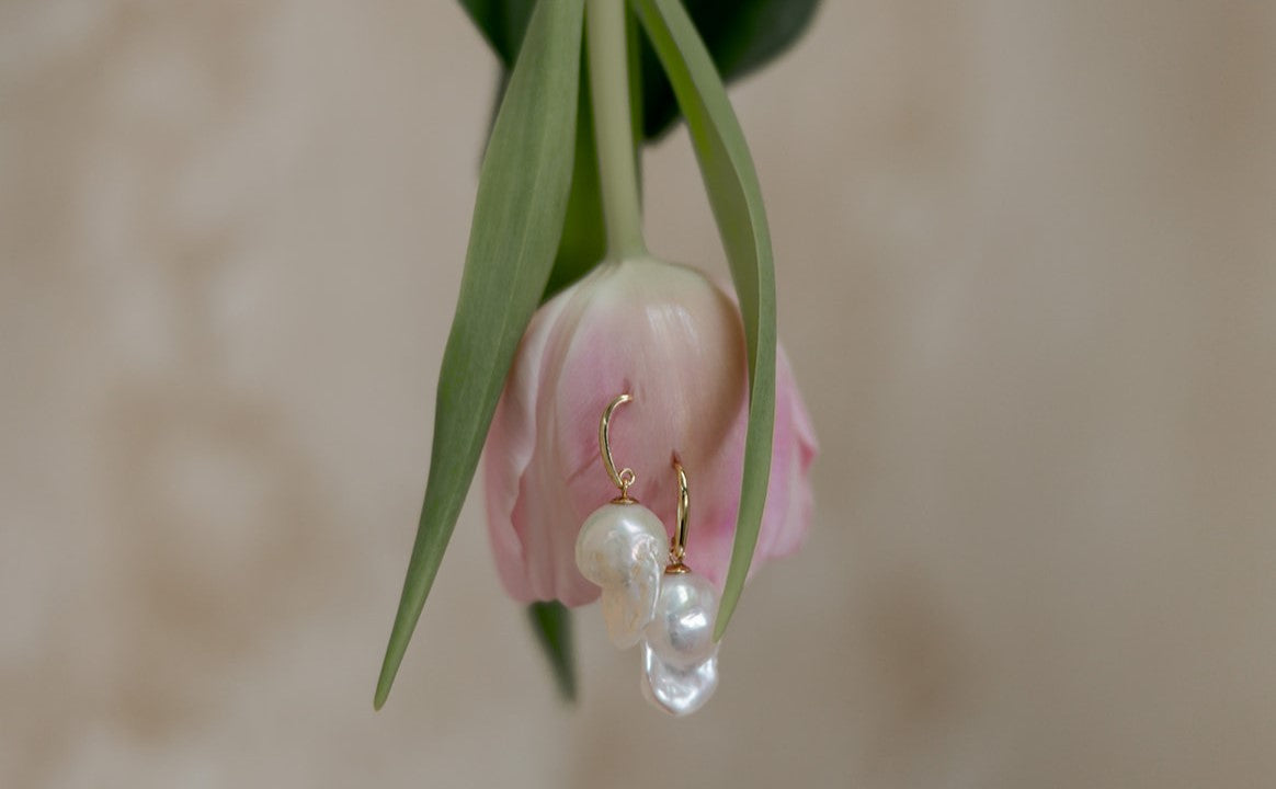 Pink Flower Green Leaf Pearl Drop Earrings