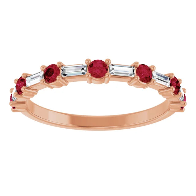 10K Rose Gold Lab-Grown Blue Sapphire 3mm x 1.25mm SEQUENCE Baguette and round diamond and gemstone band Jewelry